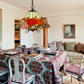 Lámpara de araña floral con vidrieras rojas estilo Tiffany, luz de techo colgante de bronce con 3 luces